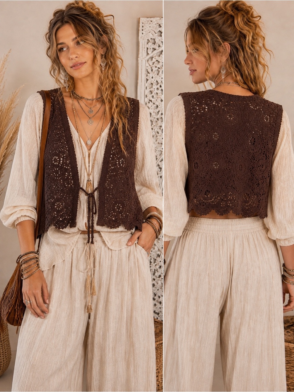 Pinky Brown Crochet Lace Cropped Boho Vest Silver Beaded Detail Tie Front